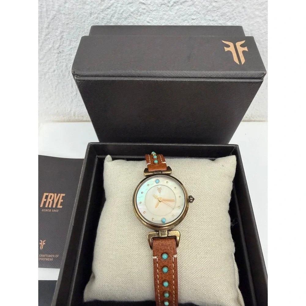 Frye Women's Watch Mother of Pearl Turquoise Stud Leather Strap Box